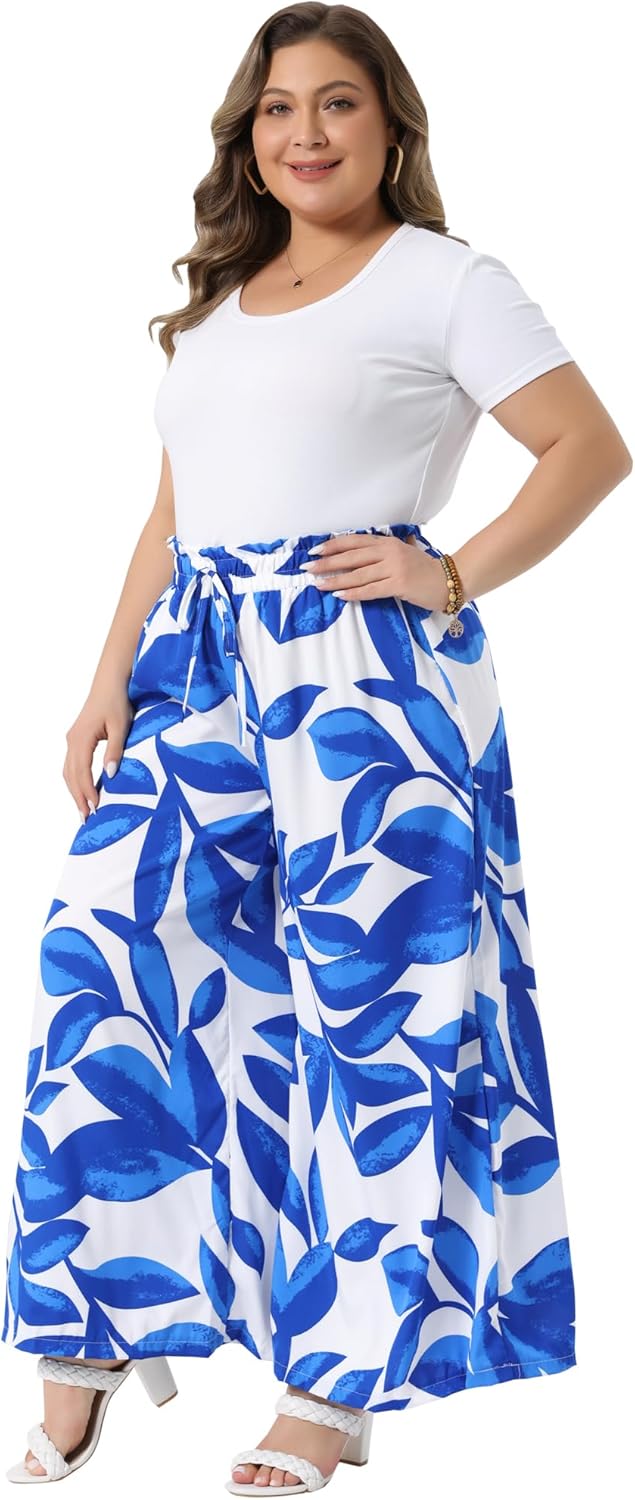 Agnes Orinda Plus Size Women's Elastic High Waisted Floral Palazzo Pants Casual Wide Leg Long Lounge Pant Trousers - Image 3