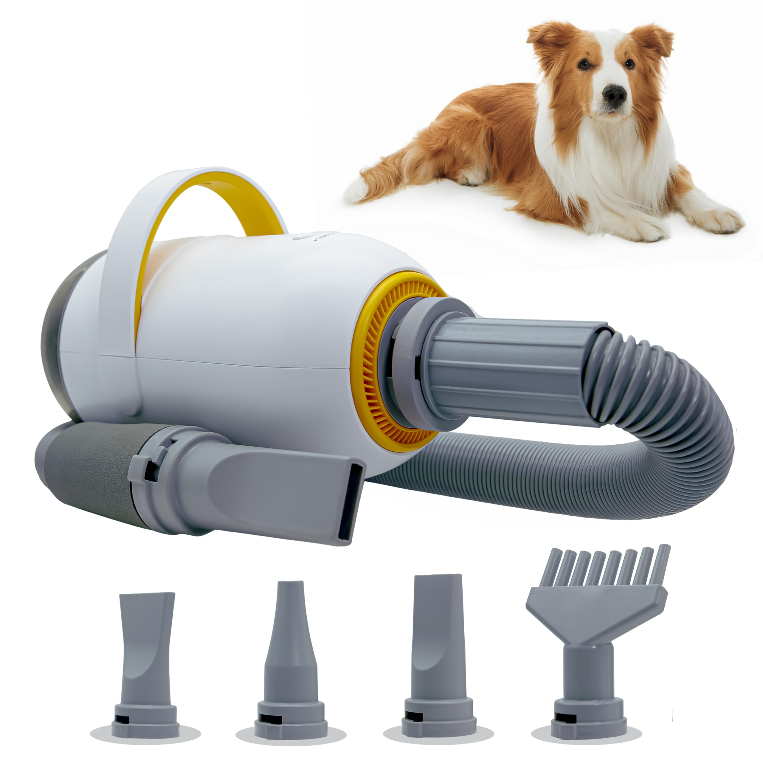 MUGGI Pulsore per cani 2 in 1 con funzione aspirapolvere peli di cane, asciugacapelli, 3200 W, 7 velocità caldo/freddo, anioni antistatiche, silenziose, tubo estensibile, 4 ugelli inclusi