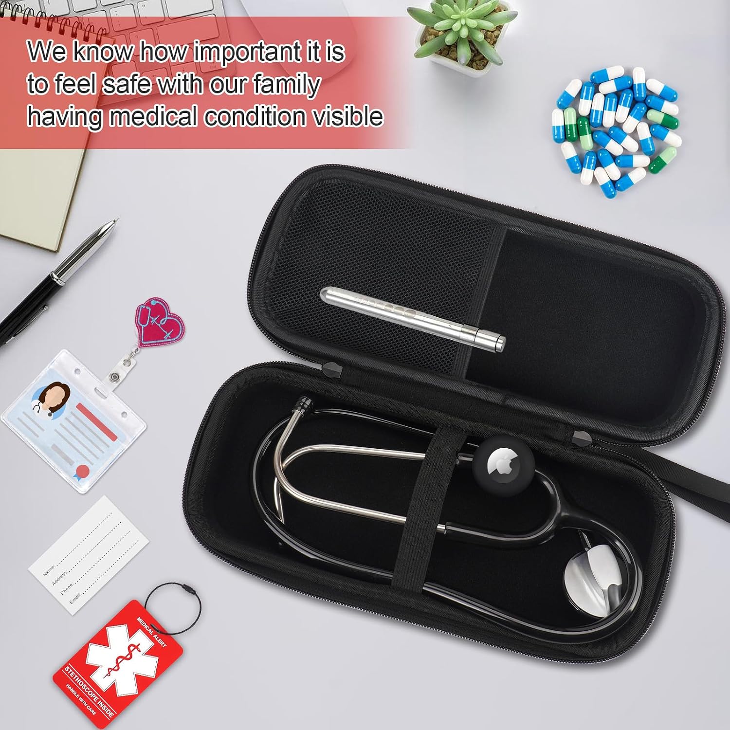 MGZNMTY 6 Pcs Stethoscope Case Kit, Perfect Nurse Gift Include Hard Stethoscope Case for 3M Littmann Classic III, AirTag Holder, Medical Alert Label, ID Card, Nurse Badge Clip, Carabiner (Black)