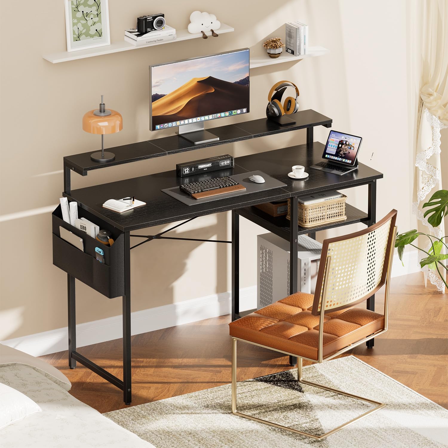 SOLAVERO LED Escritorio 100 x 48 cm, Mesa Escritorio Pequeña con Soporte de Monitor, Mesa Ordenador con Bolsa de Almacenaje, Estante Ajustables, para Oficina en Casa, Estudio y Juegos, Negro
