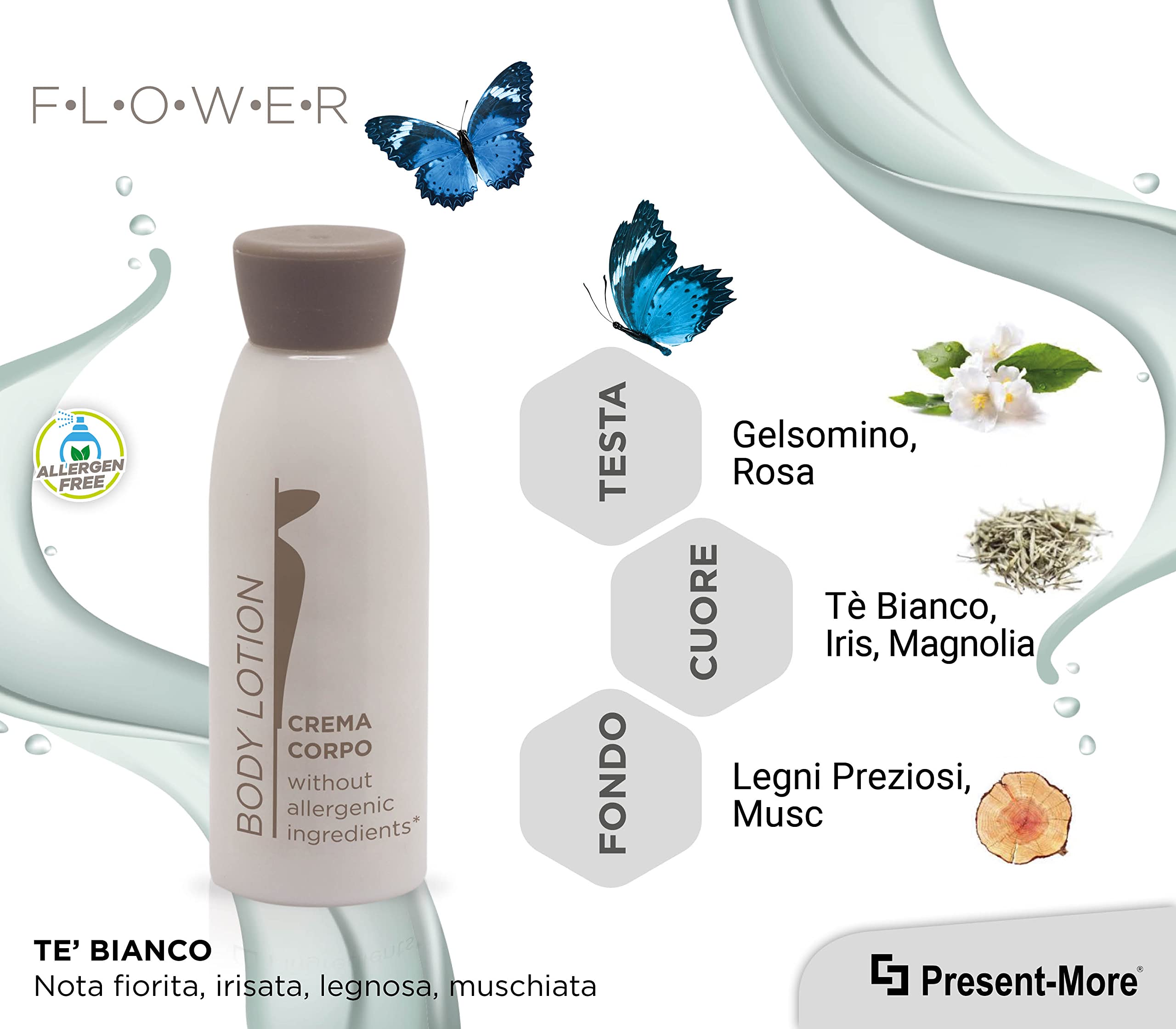 PRESENT-MORE - Mini Crema Corpo 30ml Flower - 250 Pezzi | Body Lotion Senza Allergeni - Fragranza Tè Verde - Ideale per Hotel e B&B