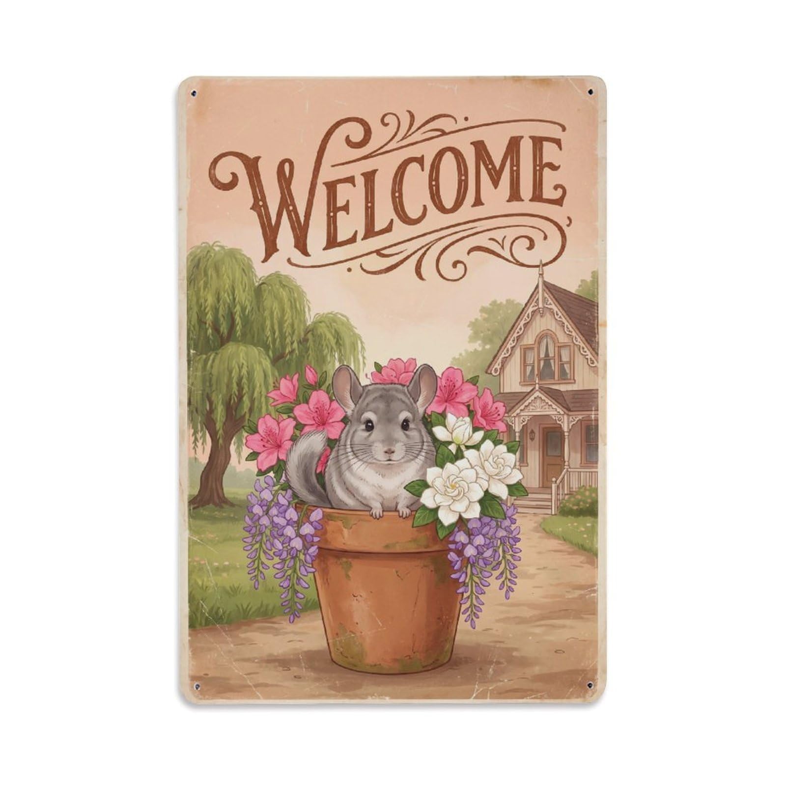 Vintage Welcome Chinchilla Joyful Vibes Metal Tin Sign