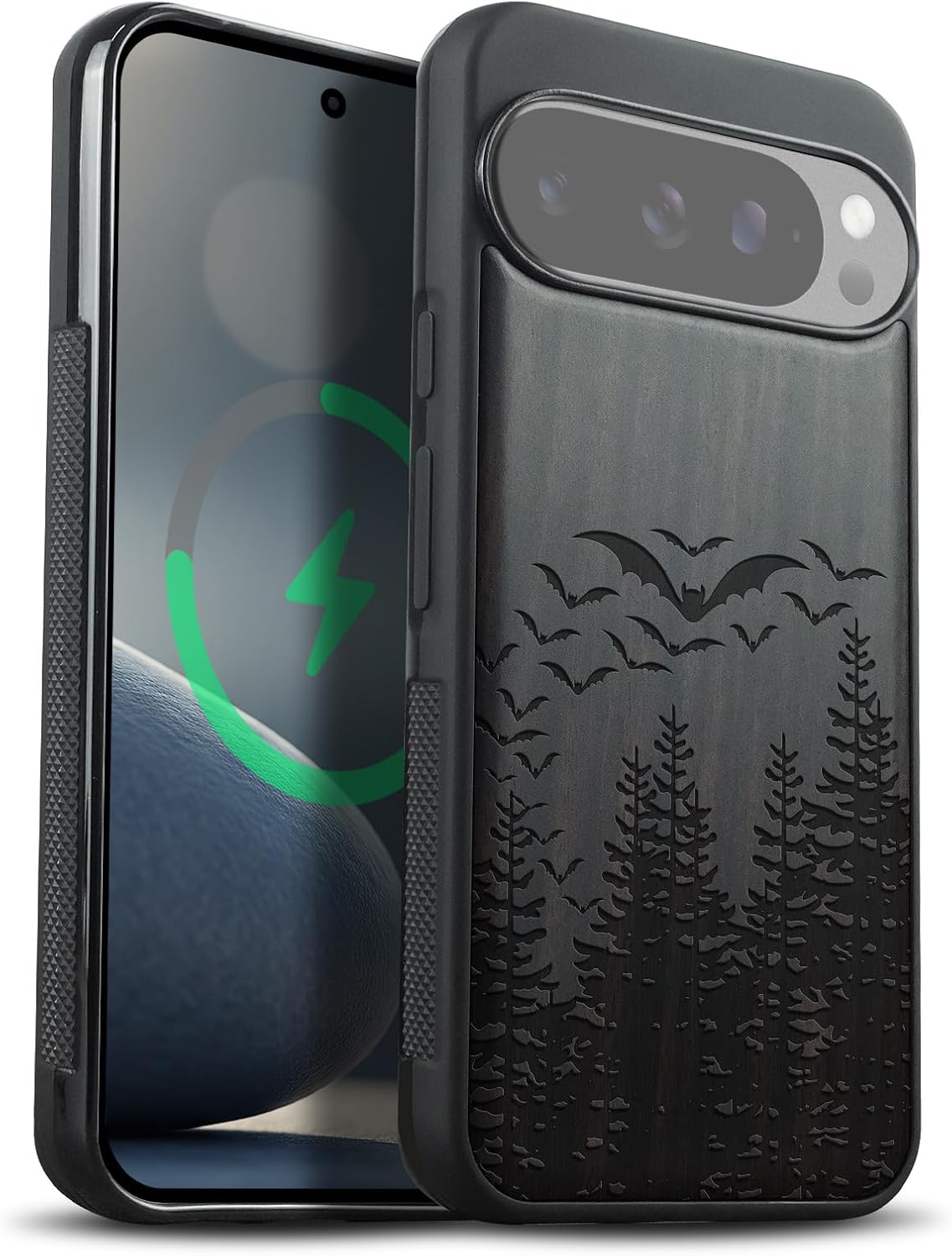 Carveit Magnetic Wooden Case for Google Pixel 10 Pro XL Case, Wood Artisan Engraved & Soft TPU Shockproof Cover, Compatible with MagSafe Wireless Chargers (Bats Over The Forest) Blackwood