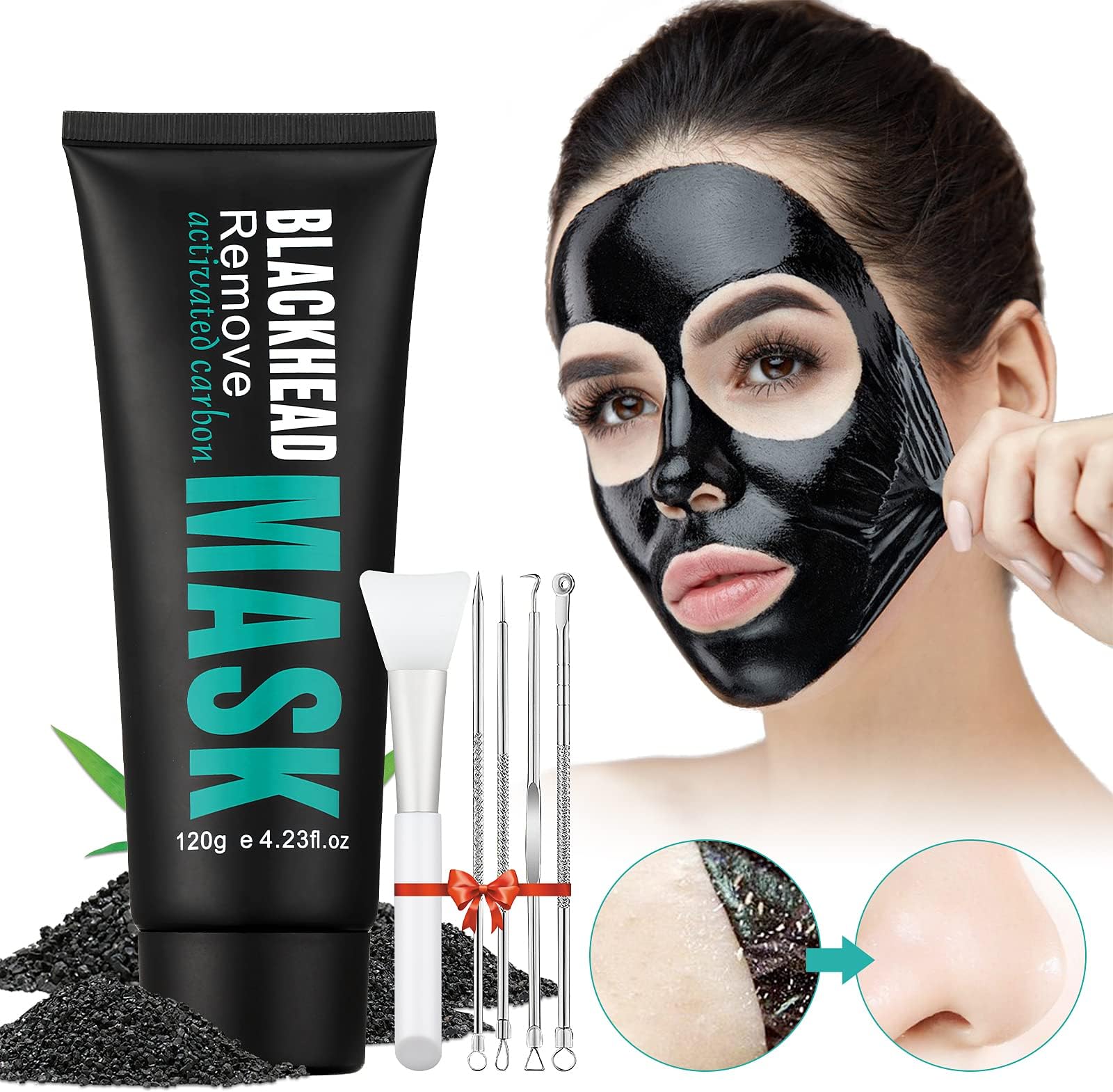 Peel Off Face Mask Blackhead Whiteheads Remover Masks Activated Charcoal Black Mask Purifying Peeling Facial Mask for Nose Pores Removal Cleansing Acne with Brush and Pimple Extractor Tools