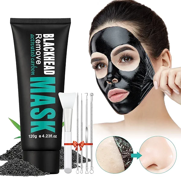Peel Off Face Mask Blackhead Whiteheads Remover Masks Activated Charcoal Black Mask Purifying Peeling Facial Mask for Nose Pores Removal Reducing Cleansing Acne with Brush and Pimple Extractor Tools