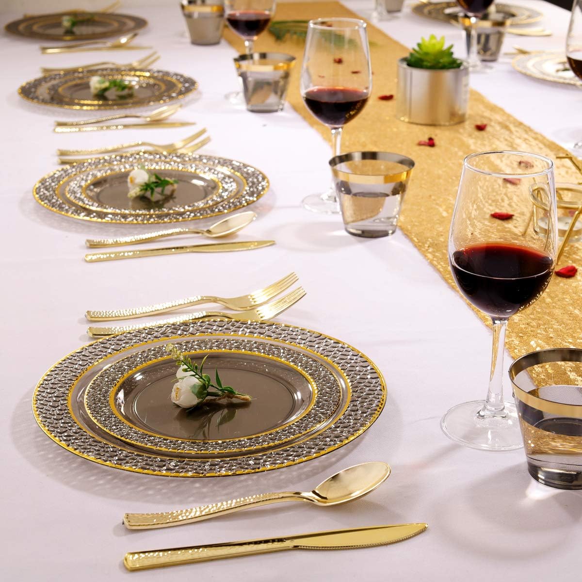 Nervure 150PCS Clear Black Plastic Plates - Gold Plastic Plates with Gold Plastic Silverware - 400PCS Pre Rolled Gold Plastic Silverware Sets for Wedding & Party