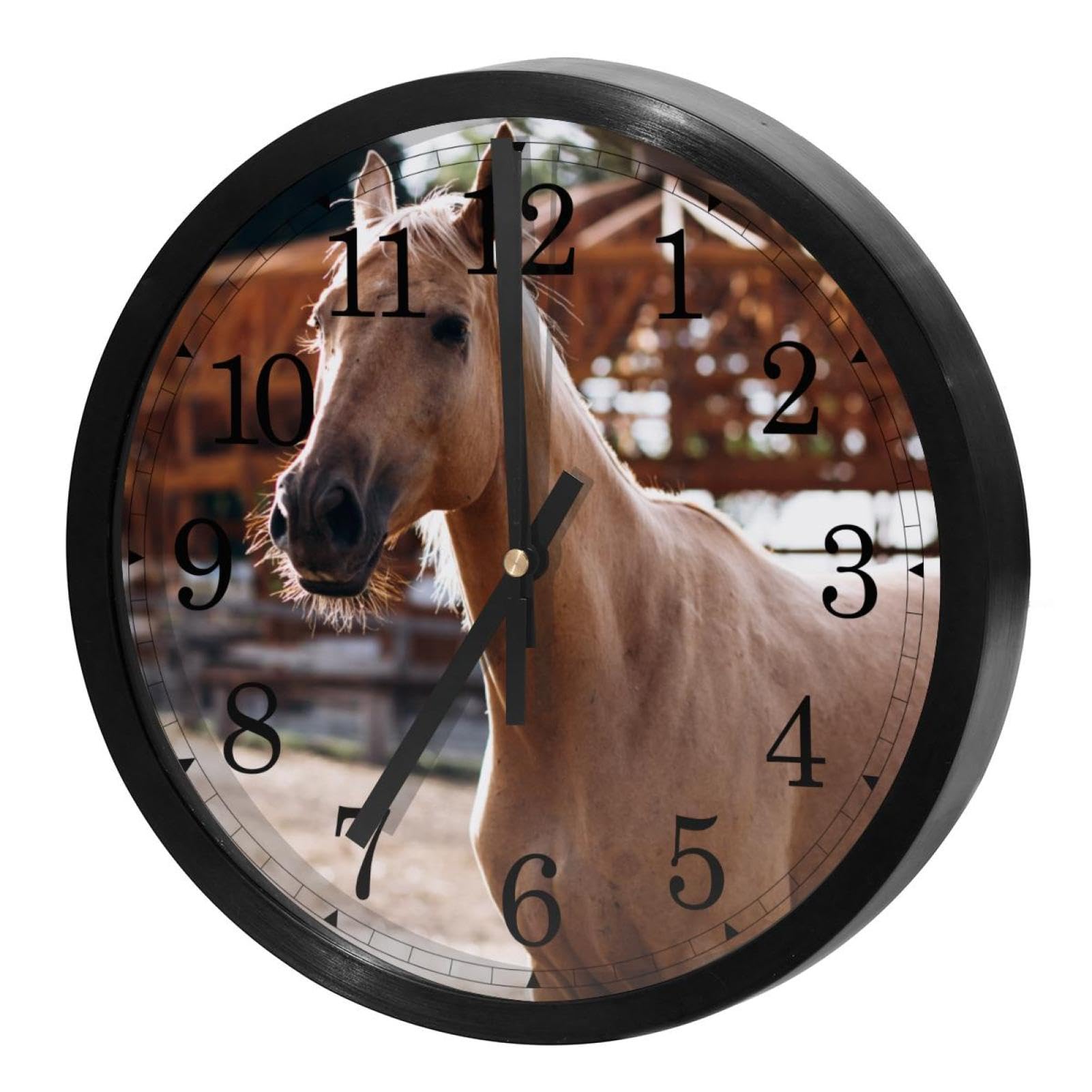 Horloge murale silencieuse à quartz avec motif de cheval brun au ranch pour cuisine