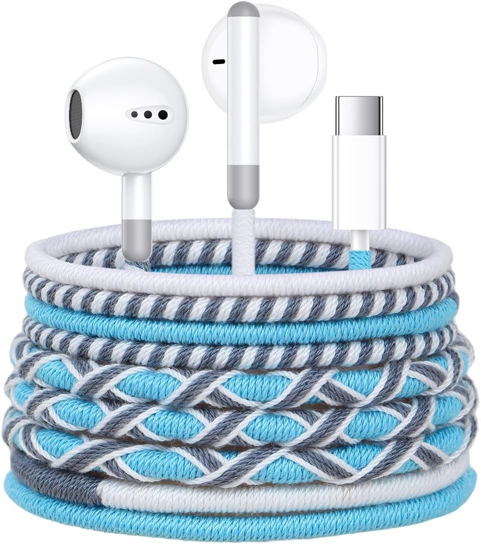 Cord Braided USB C Headphones Wired - Wrapped Type C Wired Earbuds in-Ear Colored Earphones with Mic Adjustable Volume Digital IC chip Compatible with Samsung for iPhone 15/16