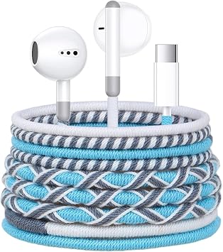 Cord Braided USB C Headphones Wired - Wrapped Type C Wired Earbuds in-Ear Colored Earphones with Mic Adjustable Volume Digital IC chip Compatible with Samsung for iPhone 15/16