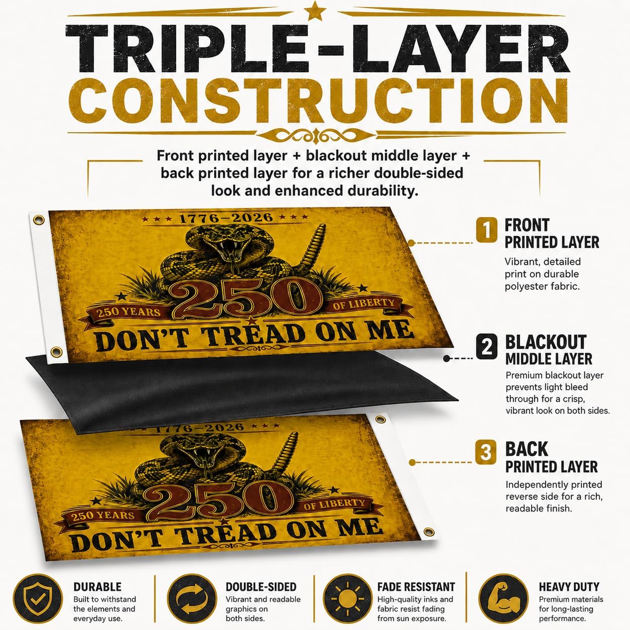 3x5 Ft Don’t Tread On Me 250 Years Flag, 1776-2026 Patriotic Rattlesnake Banner, Gadsden-Inspired America’s 250 Anniversary Flag, Triple-Layer 200D Polyester, Double-Sided Print, Brass Grommets