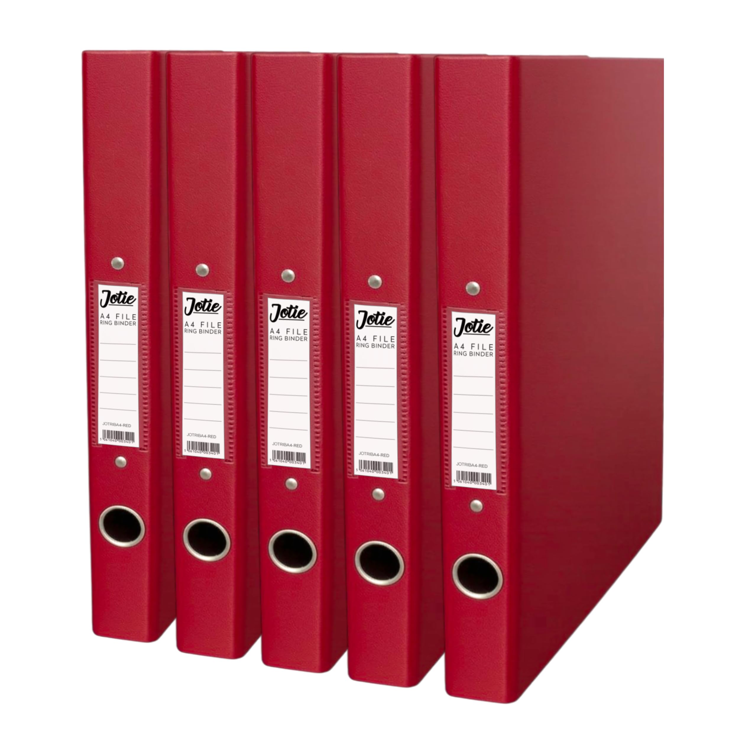 Jotie A4 Ring Binder Folder, Durable 2 Ring A4 Binder for Files & Documents, 40mm Spine, 250 Sheet Capacity, Thumb Hole & Spine Label, Office School File Storage, Red, Pack of 5