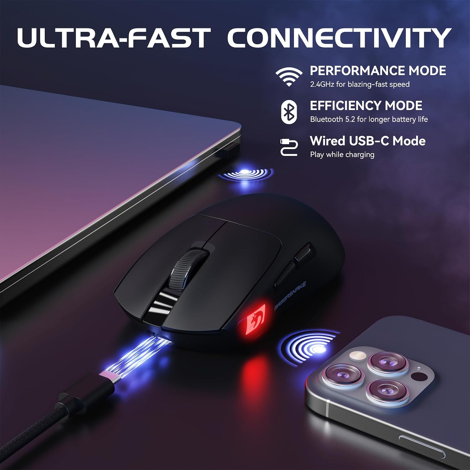 MAMBASNAKE M4 Ultra-Light Wireless Gaming Mouse 52g, 24000 DPI PAW3311 Optical Sensor,2.4G/BT/Wired Ergonomic Computer Mice, RGB Lighting,400mAh Battery, Programmable Mouse for PC/Win/MAC-Black