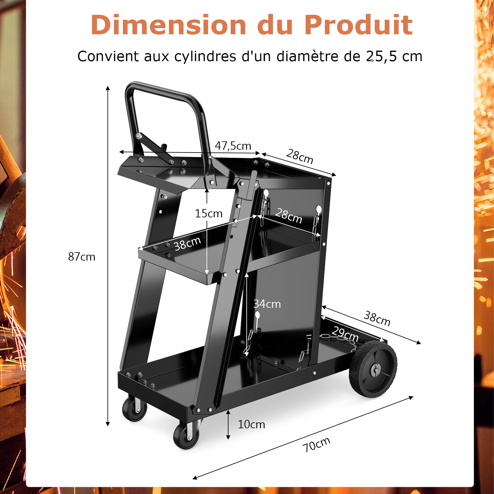 GOPLUS Servante d’Atelier à 3 Niveaux avec 2 Chaîne de Sécurité, Roue Pivotante 360°, Chariot de Soudage Robuste avec 2 Crochets Latéraux, Charge de 50 kg, pour Machine de Soudure et Découpeur Plasma