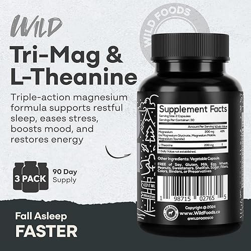 Miniatura 2 de Wild Foods Tri-Mag & L-Teanina  Complejo de Magnesio Triple para el Sueño con L Teanina  Glicinato de Magnesio, Malato, Taurato  100% Natural  60
