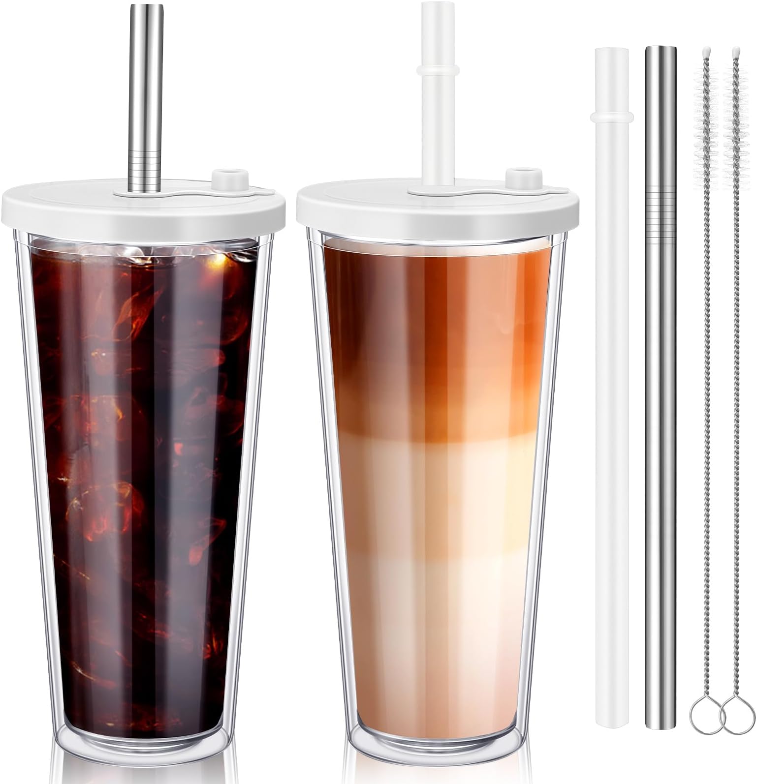 2 Pack Reusable Iced Coffee Cups with Lids Double Wall Insulated Iced Coffee Tumbler Clear Unbreakable Coffee Cups with Straws and Straw Cleaner(White,24oz)