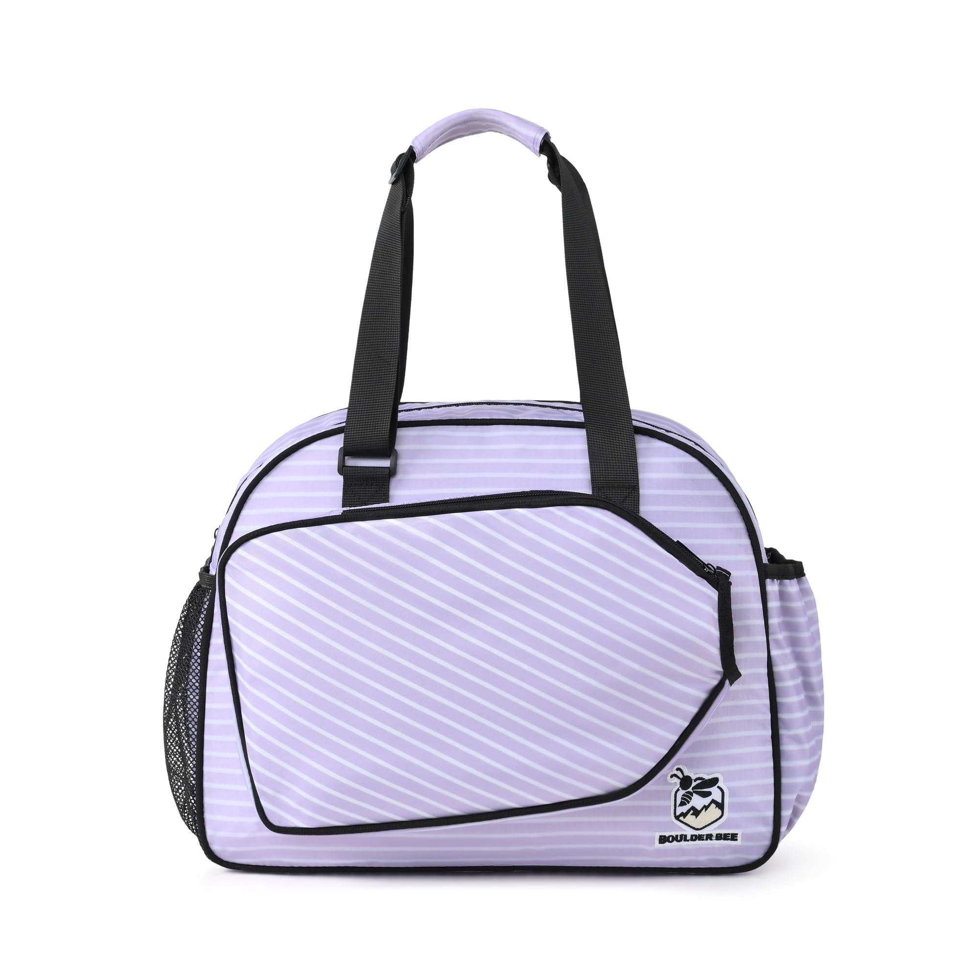Boulder Bee Purple Stripe Print Pickleball Bag for Women, Hand/Shoulder Gym Bag with Water Bottle Holder, Racquet/Paddle Holder (15.8" x 5.6" x 12.6")