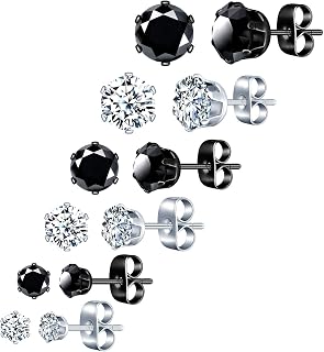6 Pairs Stainless Steel Stud Earrings Zircon Ear Jewelry Ear Clip Creole for Women & Men 3-8mm in color Black and White, Zircon