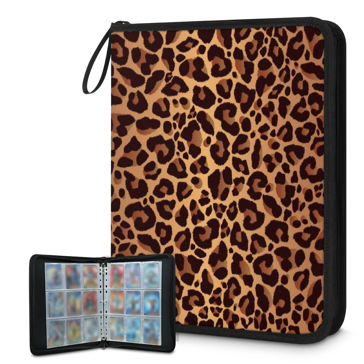 Raccoglitore per carte collezionabili con 9 tasche con stampa leopardata, raccoglitore per carte con stampa leopardata, con maniche rimovibili, impermeabile, con cerniera, 50 pagine, capacità 900