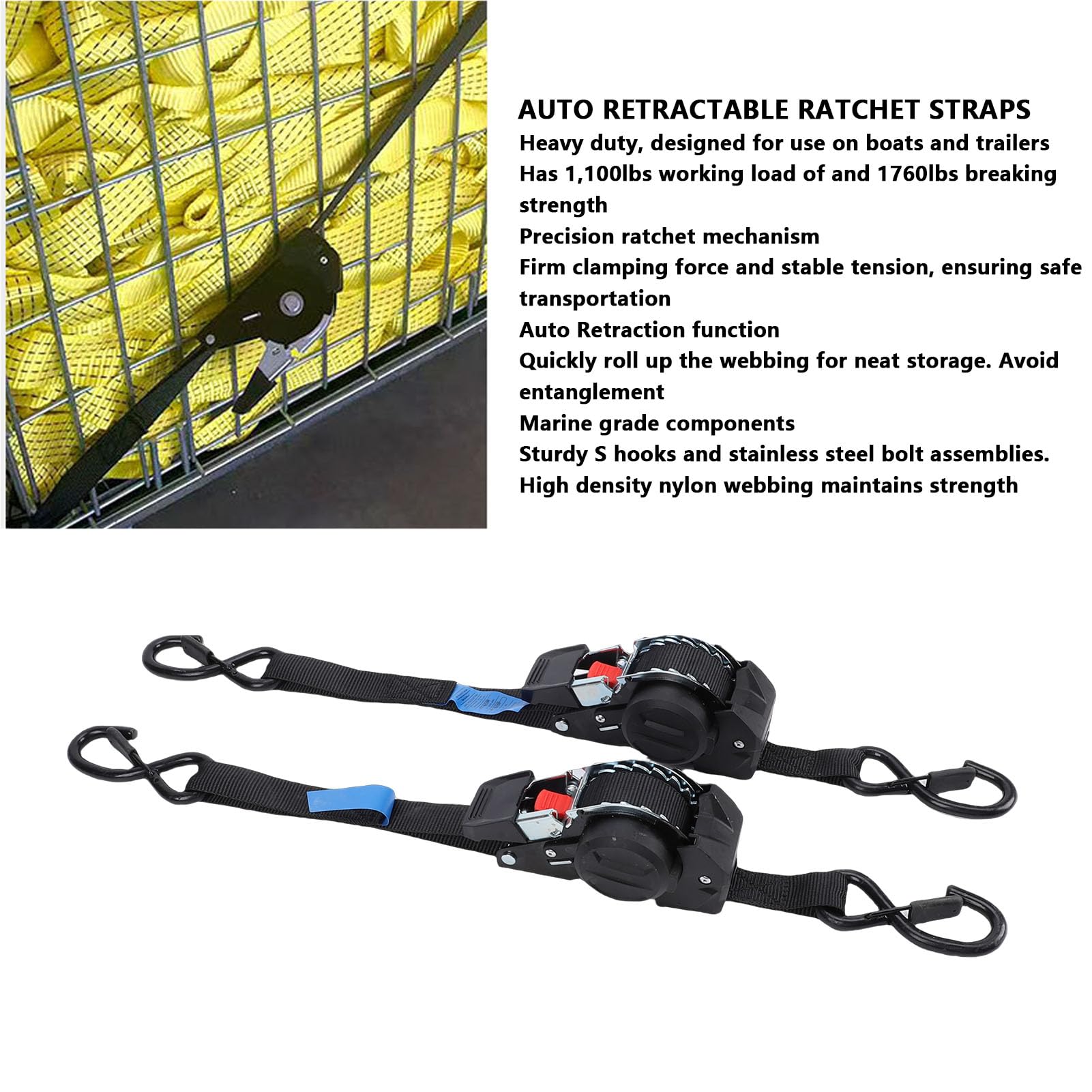 CHICIRIS Ratschengurte, Automatisch Einziehbare Spanngurte, 2,5 M, Legiertes Nylon, 1760 Lbs mit Stabiler Spannung, Schnelle Aufbewahrung, S-Haken für Anhänger, Boote, Motorräder, Geländefahrzeuge