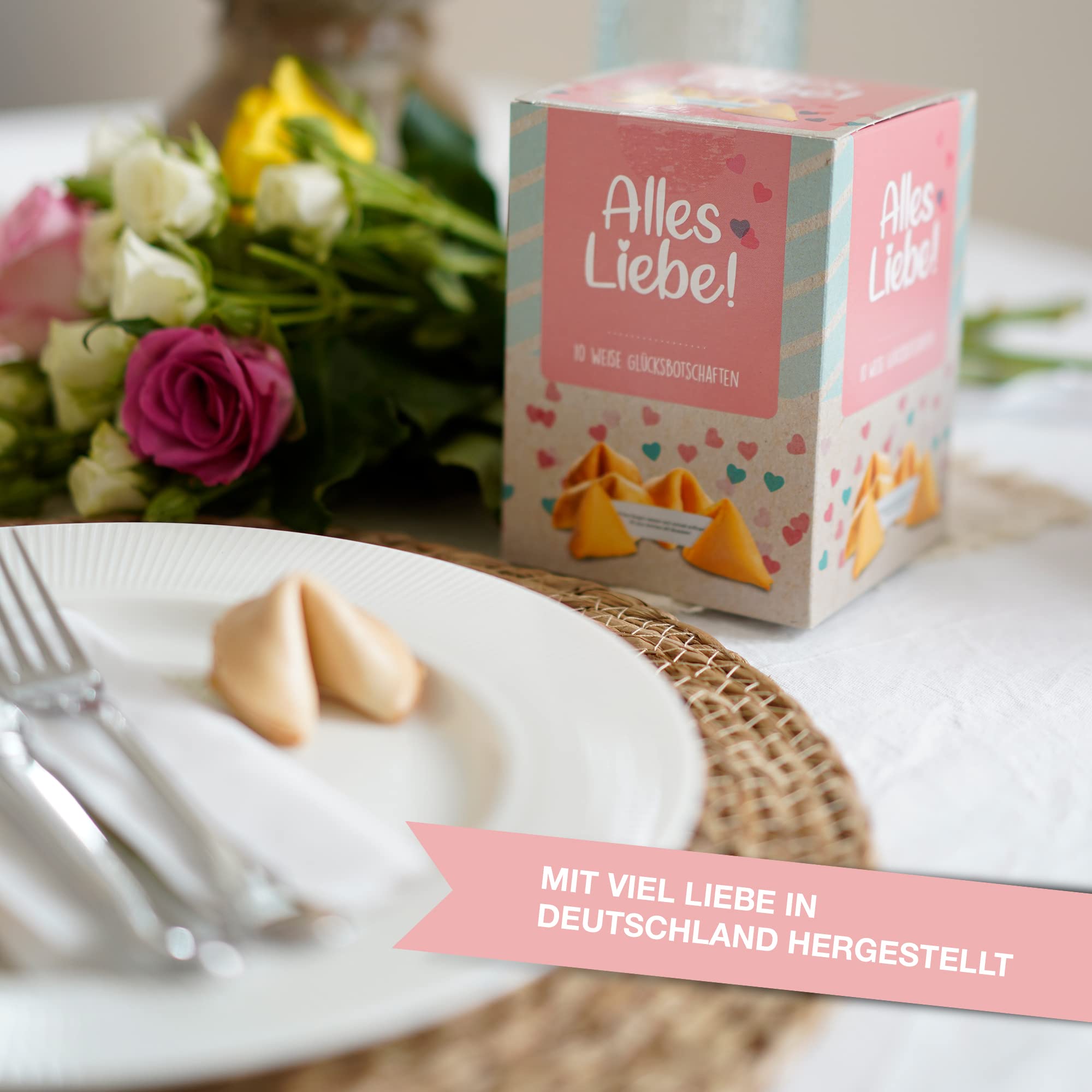 Ni Hao - Biscotti portafortuna "Alles Liebe" in una bella scatola da 10 pezzi, con biscotti confezionati singolarmente e diverse scritte, Made in Germany (lingua italiana non garantita)