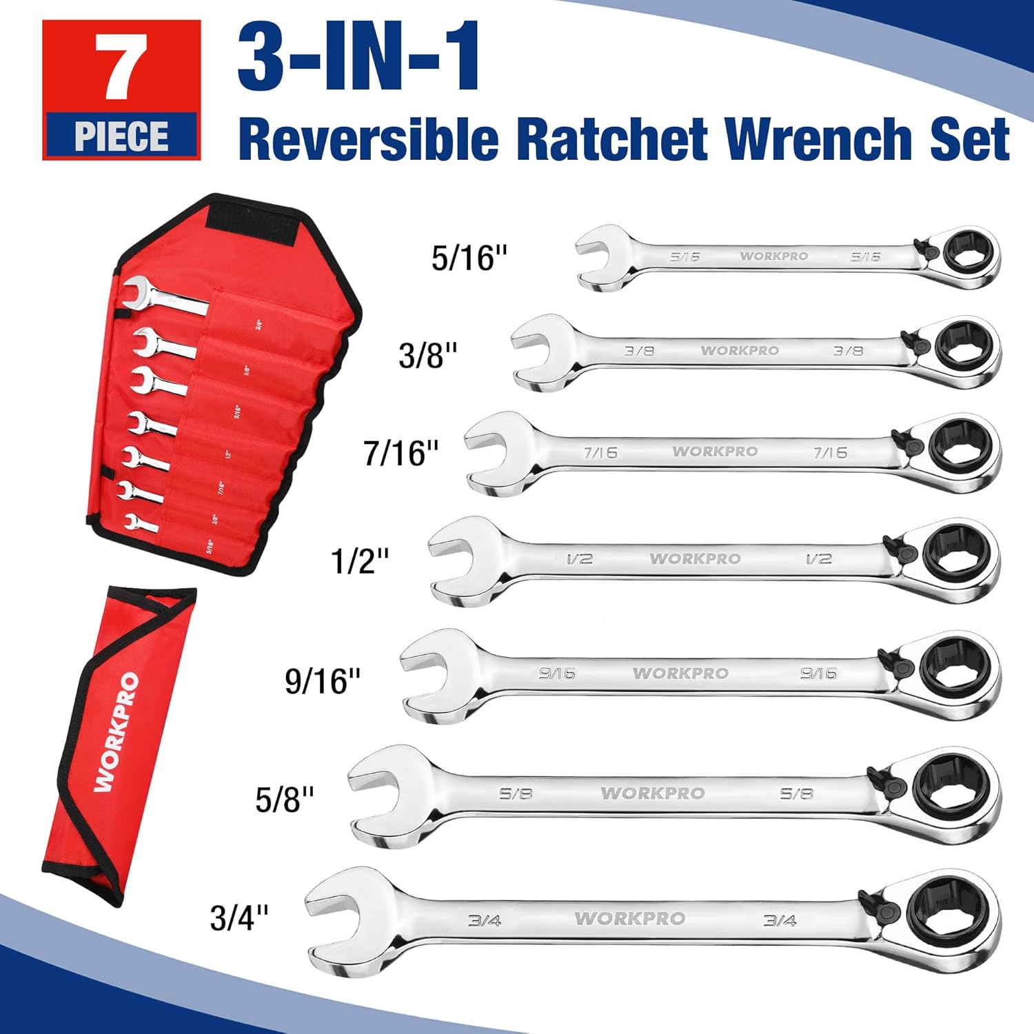 WORKPRO 7-Piece 3-in-1 Reversible Ratchet Wrench Set 2-Pack Magnetic Wrench Organizer