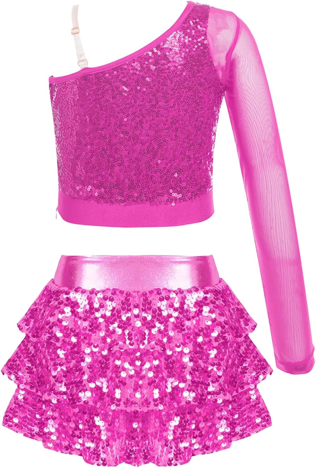 Kids Girls 2 Pieces Hip Hop Jazz Ballroom Outfits Dancing Costume Sparkle Crop Top with Skirt Ballet Dance Dress