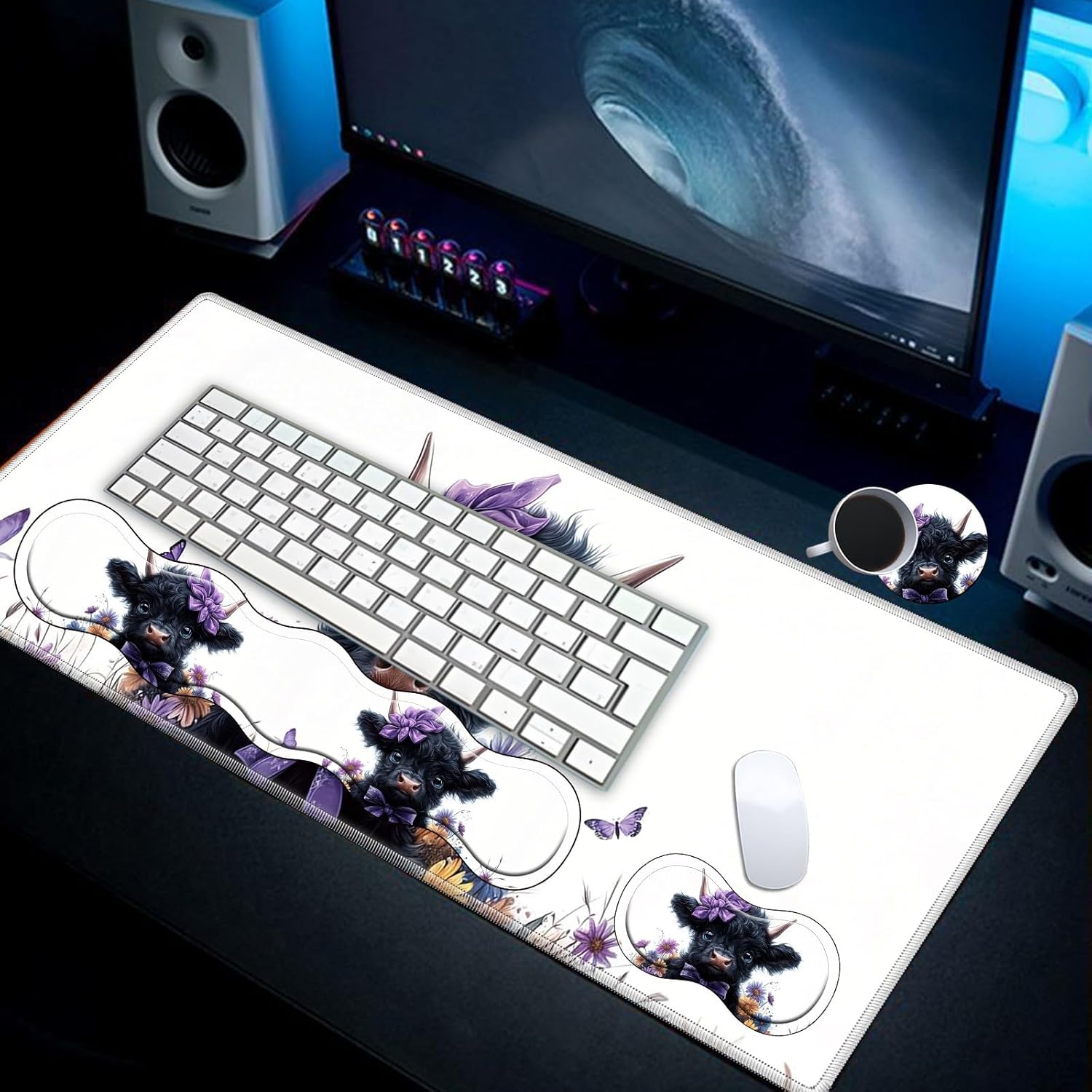 Desk Mat Large Gaming Mouse pad Set 31.5x11.8 inch [4in1Mousepad + Keyboard Wrist Rest+Mouse Wrist Rest+Coaster ] with Ergonomic Desk Pad for Home Office Table Computer - Cute Highland Cow Baby