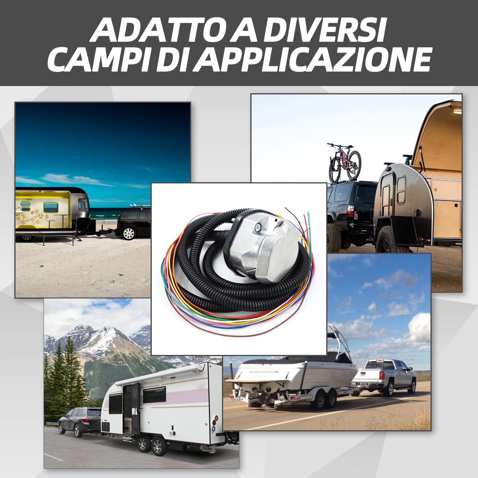 Connettore per rimorchio a 13 poli con cavo da 2 m, adattatore per rimorchio e cavo di prolunga, presa per rimorchio con copertura in metallo, impermeabile, adatto per roulotte, camper, camion