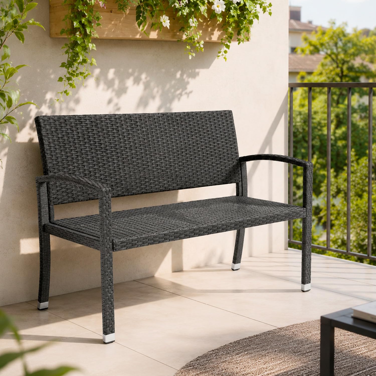 Arreditaly Panchina Da Giardino In Polyrattan Con Braccioli Struttura In Metallo Resistente Fino A 320 Kg Ideale Per Esterno Terrazzo Balcone Design Moderno Effetto Rattan 122 x 58 x 90 Cm Nero