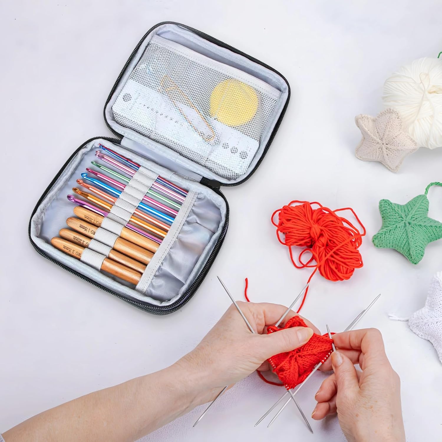 Crochet Hook Case with 2-Layer Organizer, Large Capacity Knitting Needle Holder, Portable 7X5.7X1.2 Bag with Elastic Bands and Mesh Pockets