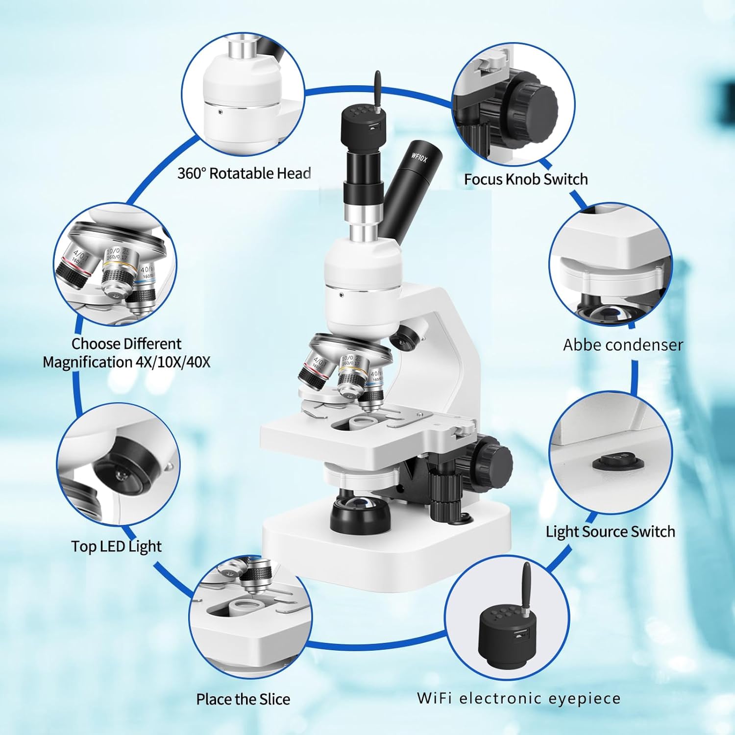 Microscope 40x-2000x Magnification with up and Down LED Lights, Double-Layer Stage, Primary and Secondary School Students, Children's Compound Microscope (Single) (WiFi Electronic Eyepiece)