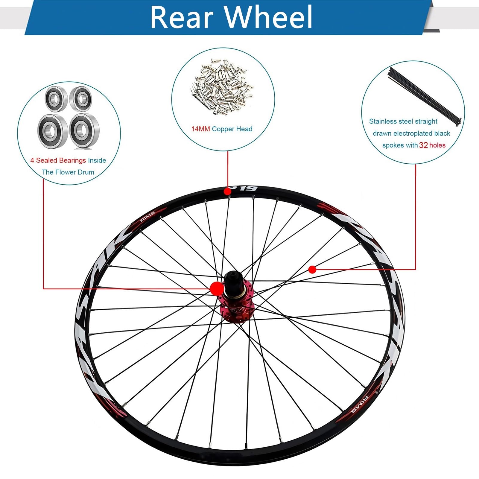 Set di ruote MTB AuroraXQ 26"/27.5"/29", freni a disco, cerchi in lega di alluminio a 32 fori e mozzi HG, ruota anteriore 100x9mm / ruota posteriore 135x10mm, compatibile con 7-12 velocità e pneumati