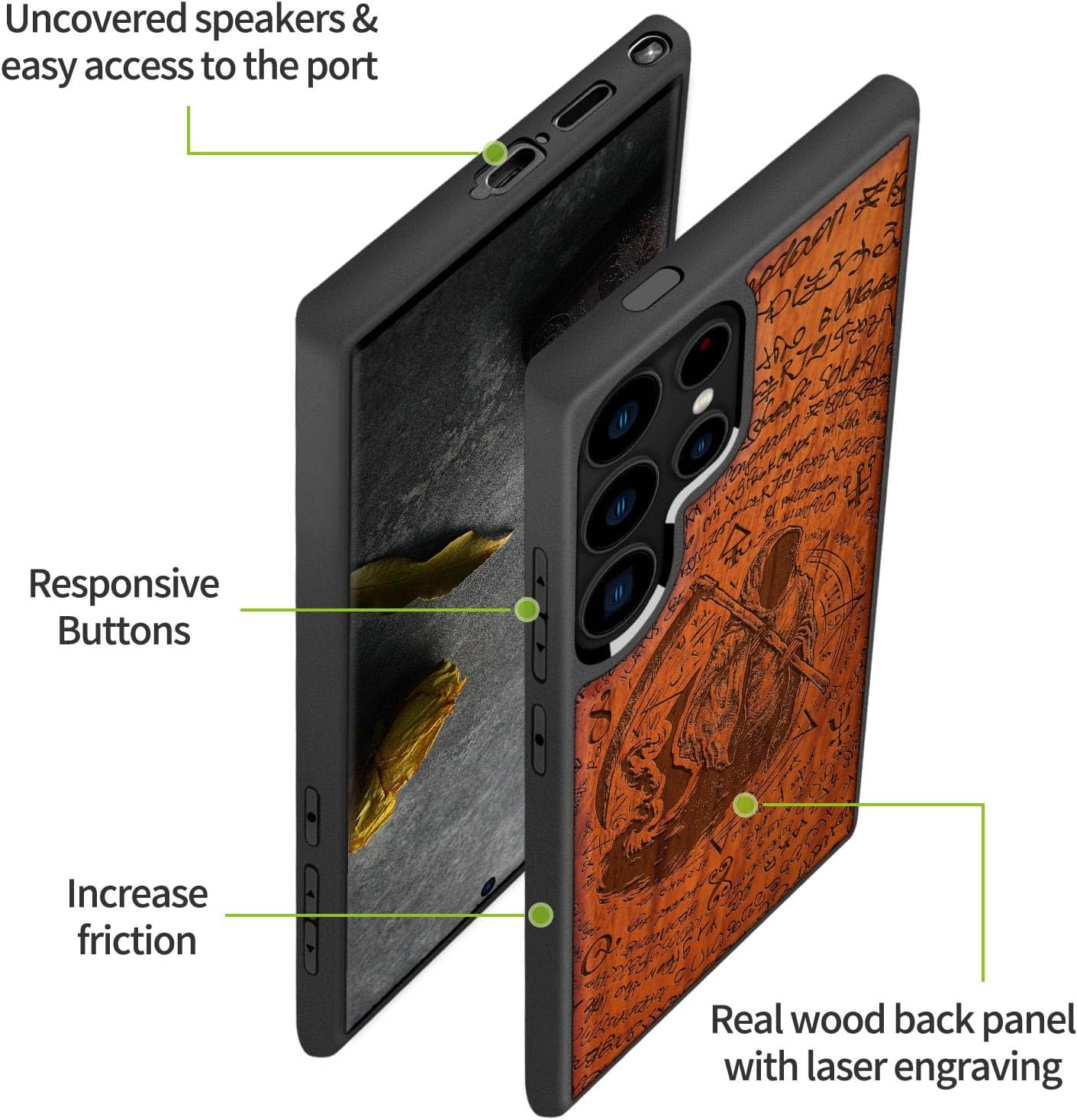 Carveit Wood Case for Galaxy S24 Ultra Case [Natural Wood & Black Soft TPU] Shockproof Protective Cover Unique Wooden Design Compatible with Samsung S24 Ultra (The Grim Reaper of Carved-Rosy)