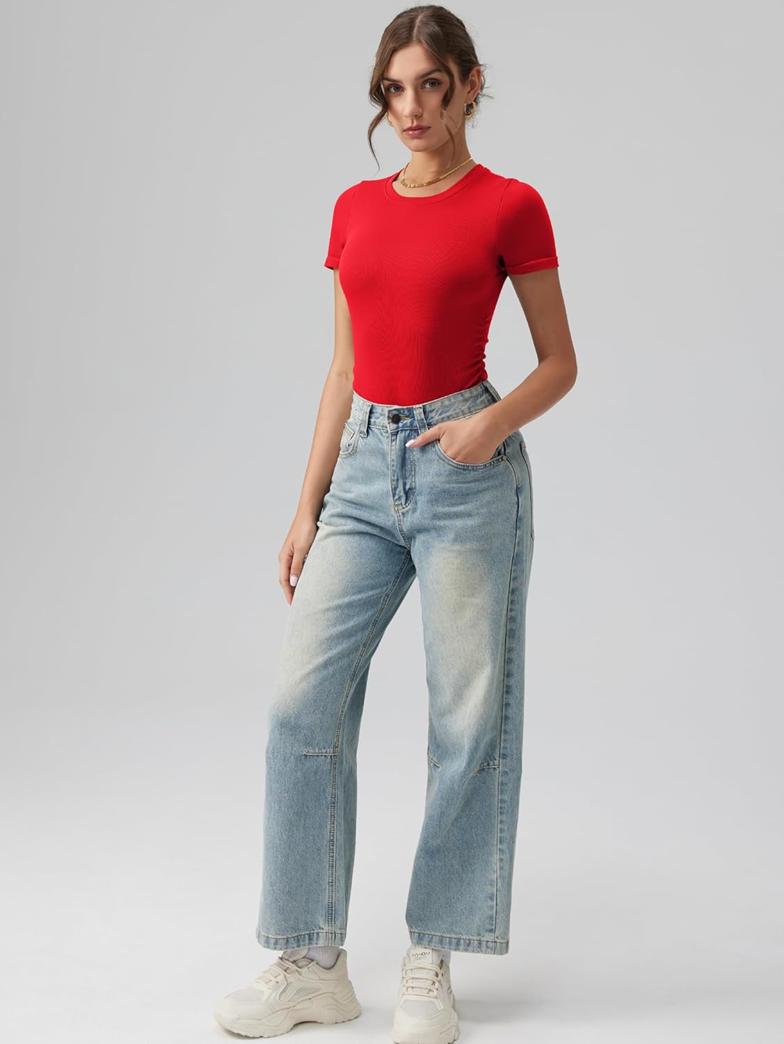 OQQ Women's Crew Neck Short Sleeve Bodysuit Ruched Stretch Vacation Basic for Tops Spring & Summer - Image 3