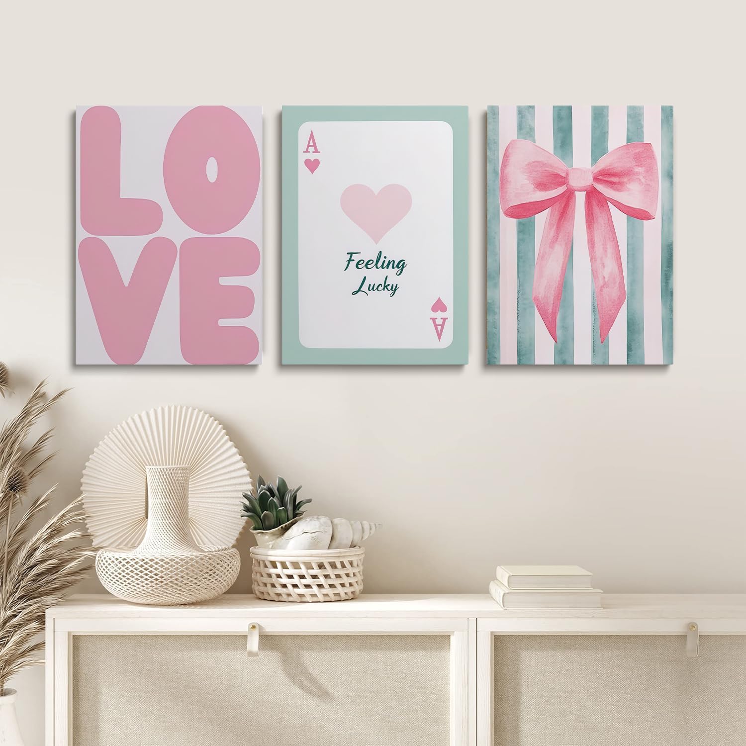 Framed Coquette Pink Bow Canvas Art Prints Pink Love Wall Art Aesthetic Preppy College Apartment Paintings Green Style for Home Bathroom Dormitory Bedroom Living Room Decor 16L x 12W inches Set of 3
