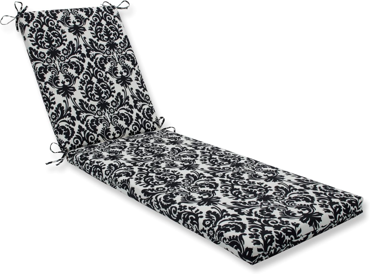 Pillow Perfect Damask Indoor/Outdoor Solid Back Chaise Lounge Cushion with Ties, Plush Fiber Fill, Weather, and Fade Resistant, 80" x 23", Black/Ivory Essence, 1 Count