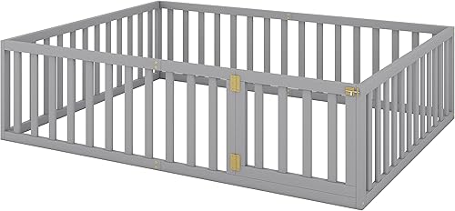 Miniatura 8 de Harper & Bright Designs Cama de suelo con rieles, marco de cama de madera tamaño Queen con valla y puerta, para niños y niñas (gris)