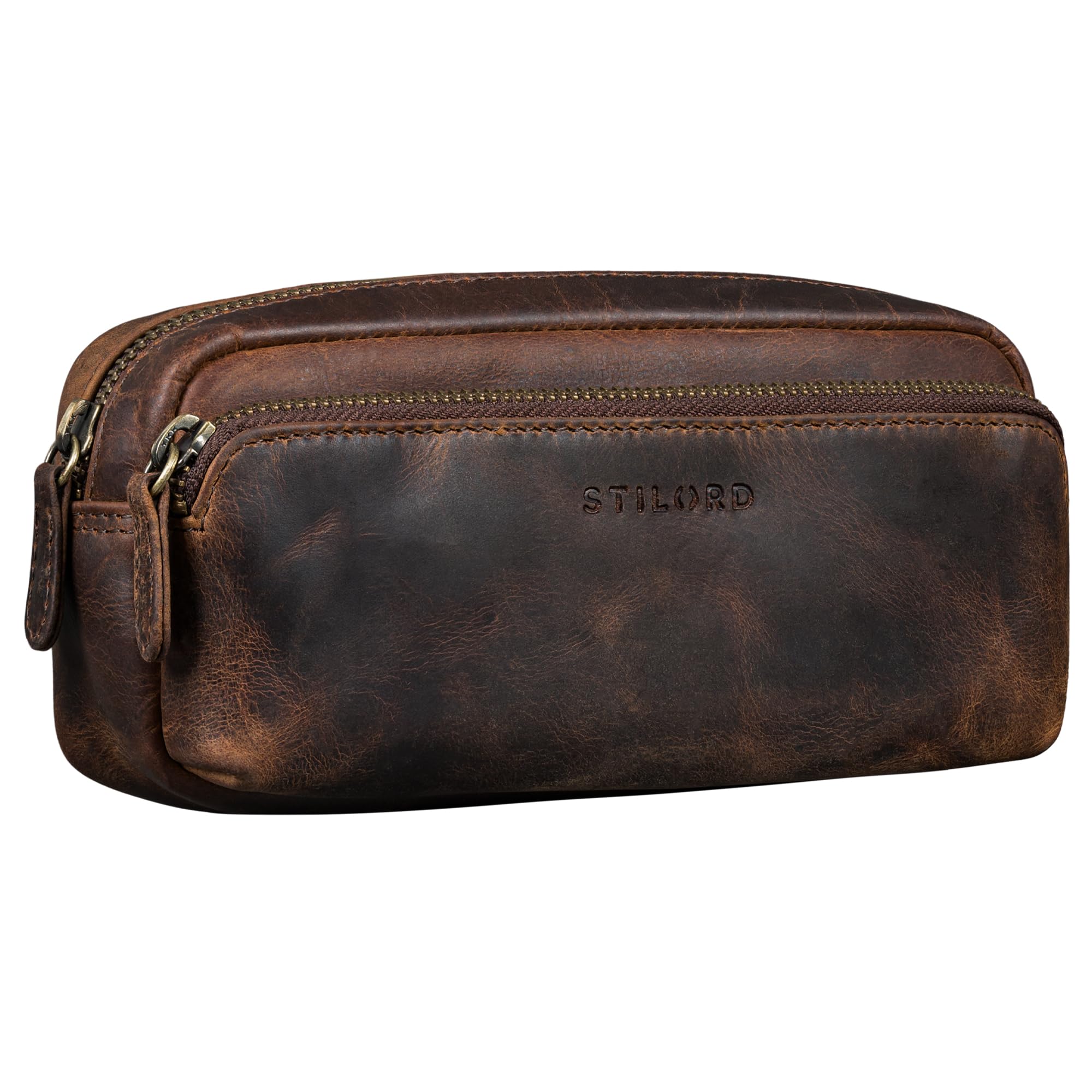 STILORD "Melissa" Large Pencil Case Vintage Leather Pouch Pen Case Ideal as Bag Organiser Make-Up Bag in Genuine Leather Colour:Soria