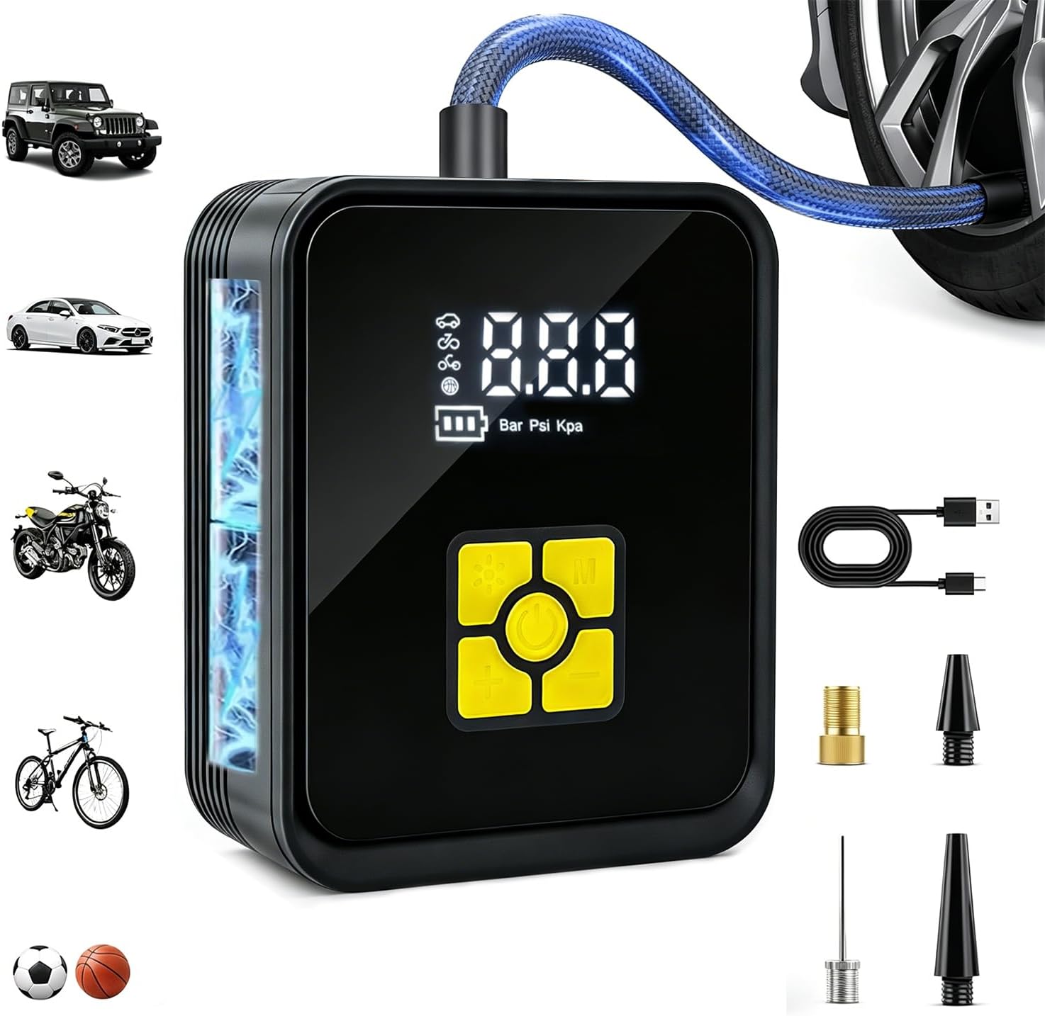 Tire Inflator Portable Air Compressor, Digital Air Pump With Auto Shut Off Electric Air Pump with LED Flashlight & Emergency Power Bank, Fits Car SUV Motorcycle Bicycle Sports Balls