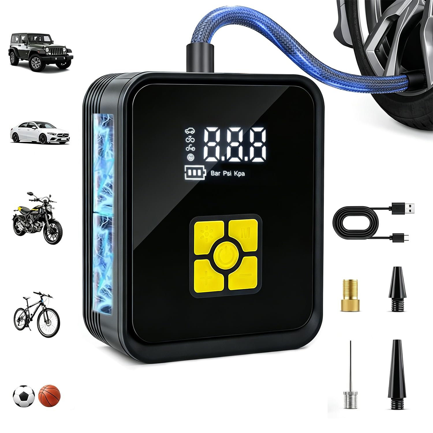Portable Tire Inflator with LED Light & Hammer -10 Portable Tire Inflator with LED Light & Hammer -10