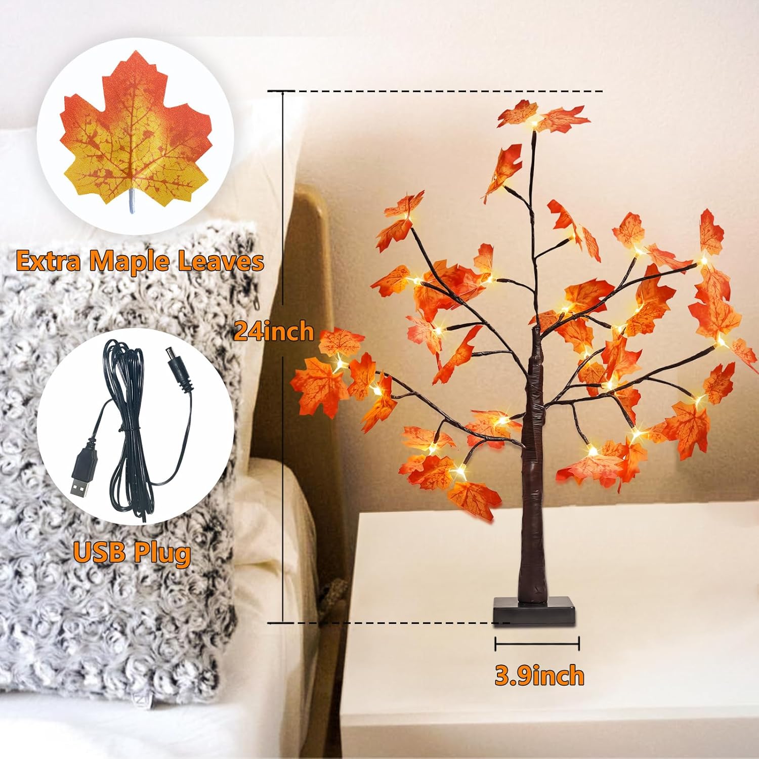 EEW 2FT Lighted Maple Tree, Artificial Tabletop Lamp with Timer, Warm White Pre-lit LED Fall Maple Tree USB/Battery Operated for Indoor Outdoor, Electric Lights for Christmas Tree