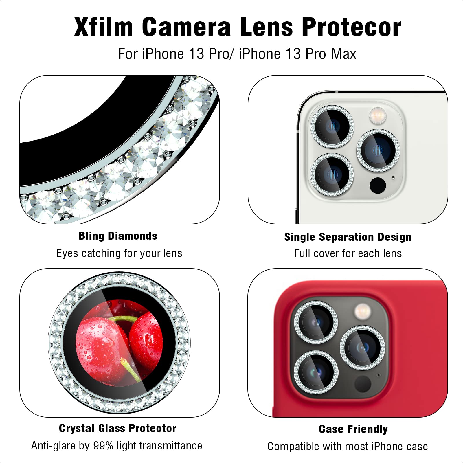 Bling Diamond osłona obiektywu aparatu do iPhone'a 13 Pro / iPhone 13 Pro Max, HD przezroczysta osłona obiektywu aparatu ze szkła hartowanego, przyjazna dla etui, odporna na zarysowania (srebrny