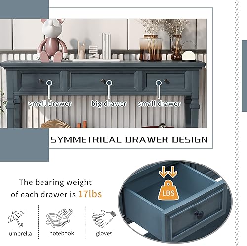 Miniatura 4 de Mesa de consola de 50 pulgadas, mesa de entrada de madera maciza con 3 cajones superiores y estante inferior de estilo abierto, armario decorativo