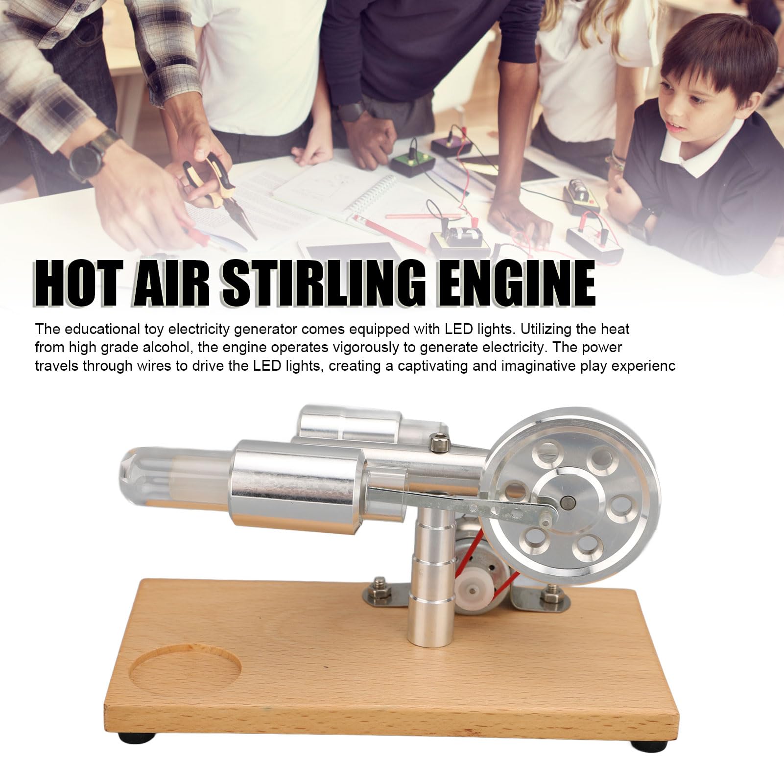Modelo de Motor Stirling de Aire Caliente, Kit de Generador de Energía Eléctrica con Luces LED, Kit de Generador de Energía Eléctrica Stirling para Experimentos de Física Escolar.