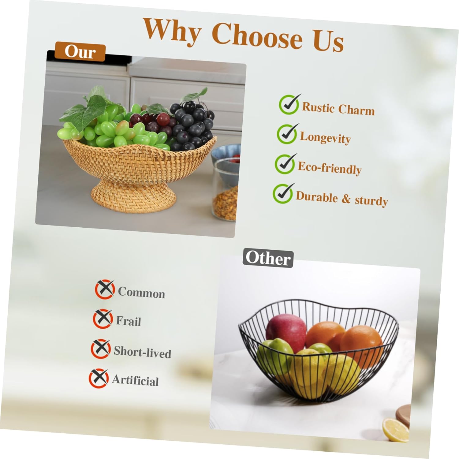 Alipis 2pcs Rattan Fruit Plate Footed Fruit Bowl Wicker Round Basket Seagrass Trinkets Plate Decorative Storage Pedestal Display Basket Crystal Bowl Shelf Wallet Stand