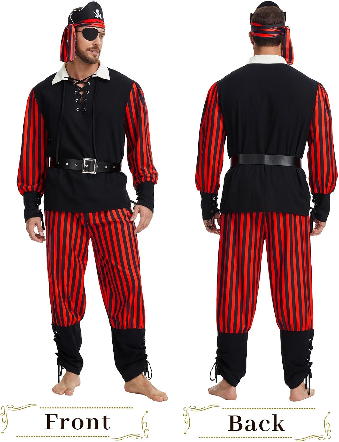 6 PCS Adult Men's Pirate Costume Outfit Renaissance Pirate Shirt Viking Pants Hat Set for Halloween