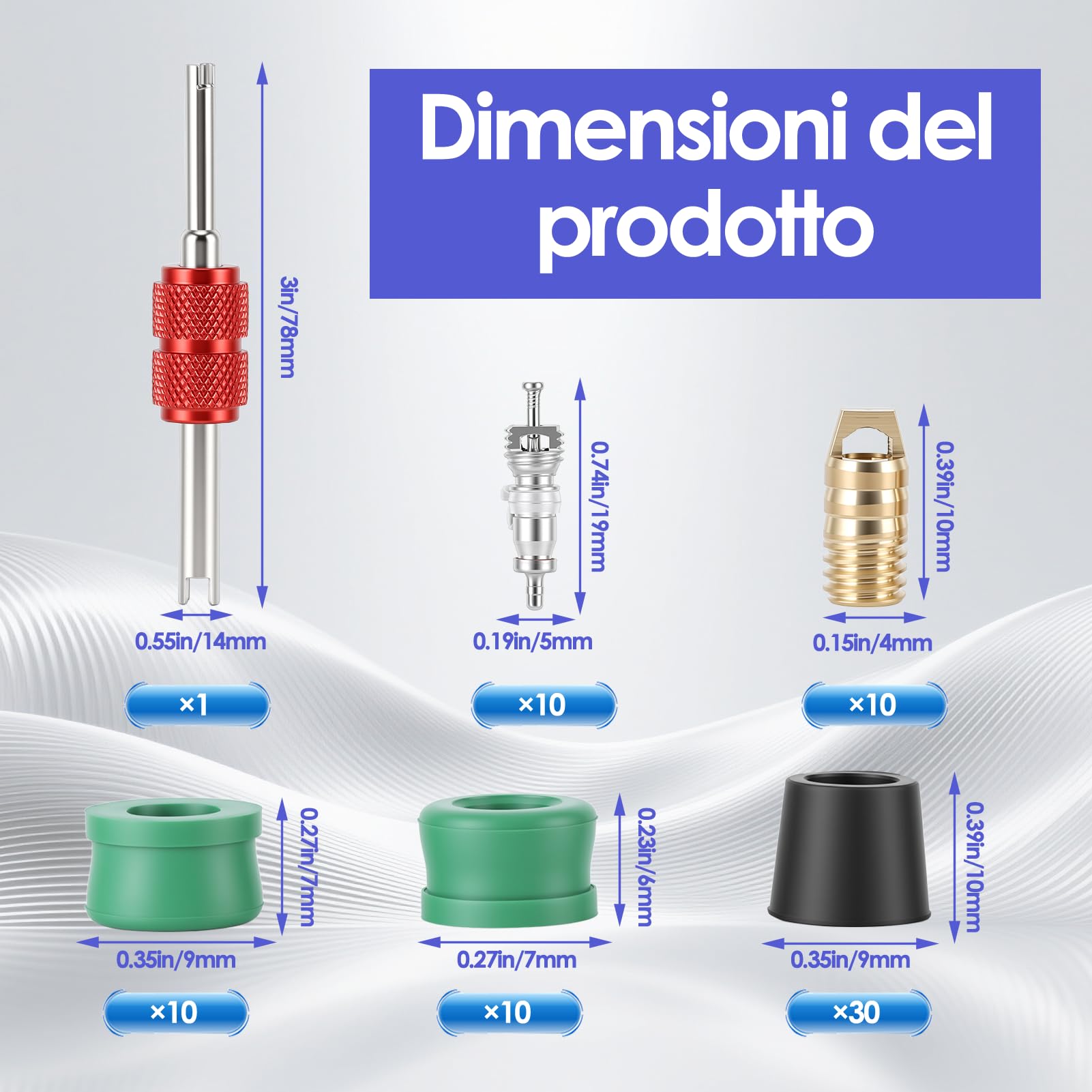 Akozon Kit Riparazione Aria Condizionata Auto 71pezzi, 10 Nuclei Valvola + 50 Guarnizioni Fruste + 10 Valvole, Kit Guarnizioni Condizionamento con Strumento Universale