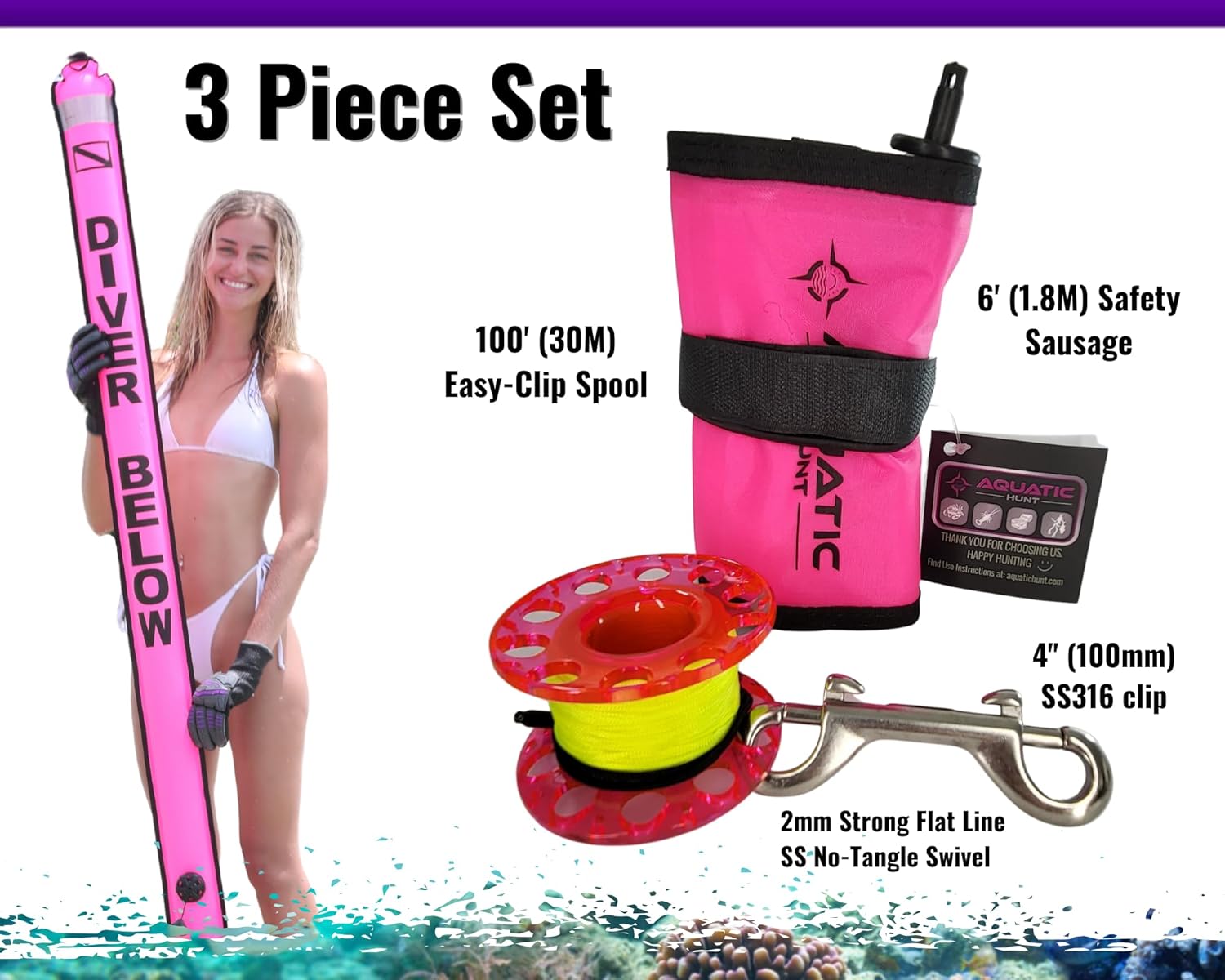 3 Piece Set = 6ft (1.83M) Safety Sausage + 4" SS Clip + 100ft (30M) Finger Reel/Spool