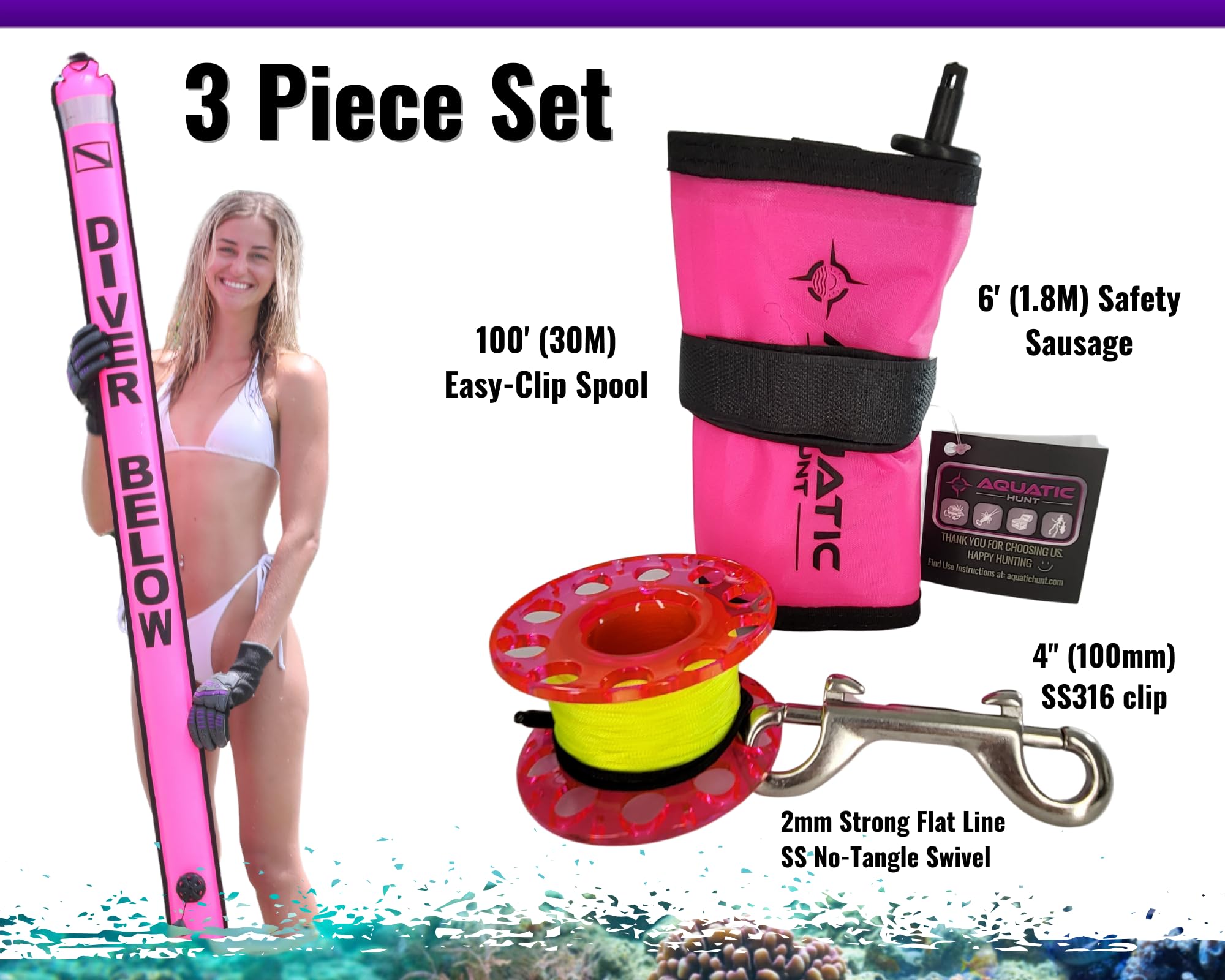 Aquatic Hunt 3 Piece Set = 6ft (1.83M) Safety Sausage (SMB) + 4