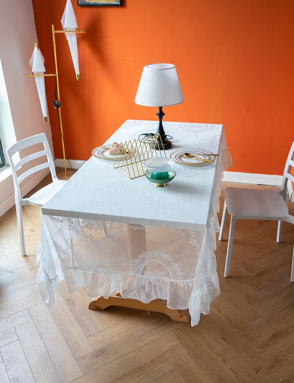 White Lace Tablecloth for Table, Ruffle Table Skirt, Washable Table Cover for Dining Table Wood Table Light Table Cover